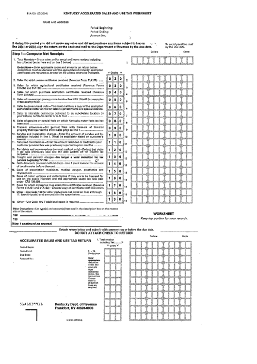 Form B1a103 - Kentucky Accelerated Sales And Use Tax Worksheet - Department Of Revenue - Kentucky Printable pdf