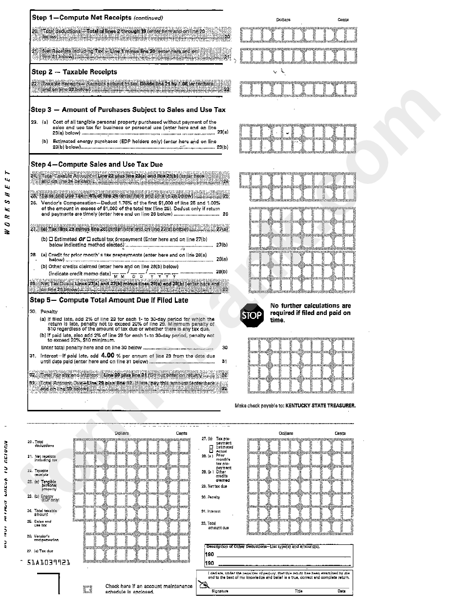 Form B1a103 - Kentucky Accelerated Sales And Use Tax Worksheet - Department Of Revenue - Kentucky