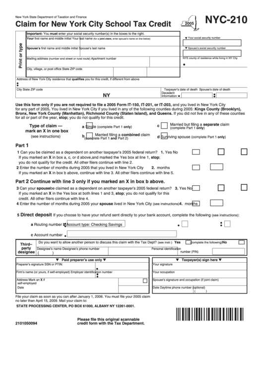 Fillable Form Nyc-210 - Claim For New York City School Tax Credit Form - New York State Department Of Taxation And Finance Printable pdf