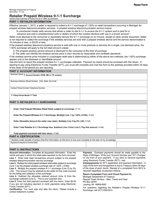 Fillable Form 5012 - Retailer Prepaid Wireless 9-1-1 Surcharge - 2014 Printable pdf