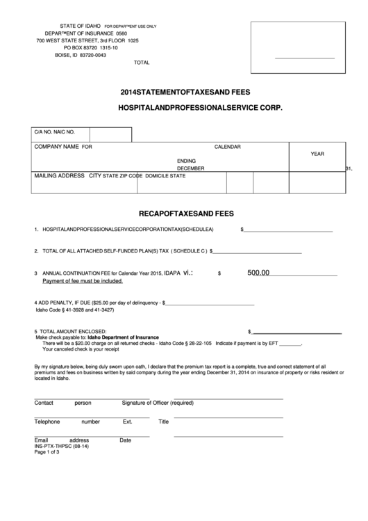 Fillable Form Ins-Ptx-Thpsc - Statement Of Taxes And Fees Printable pdf