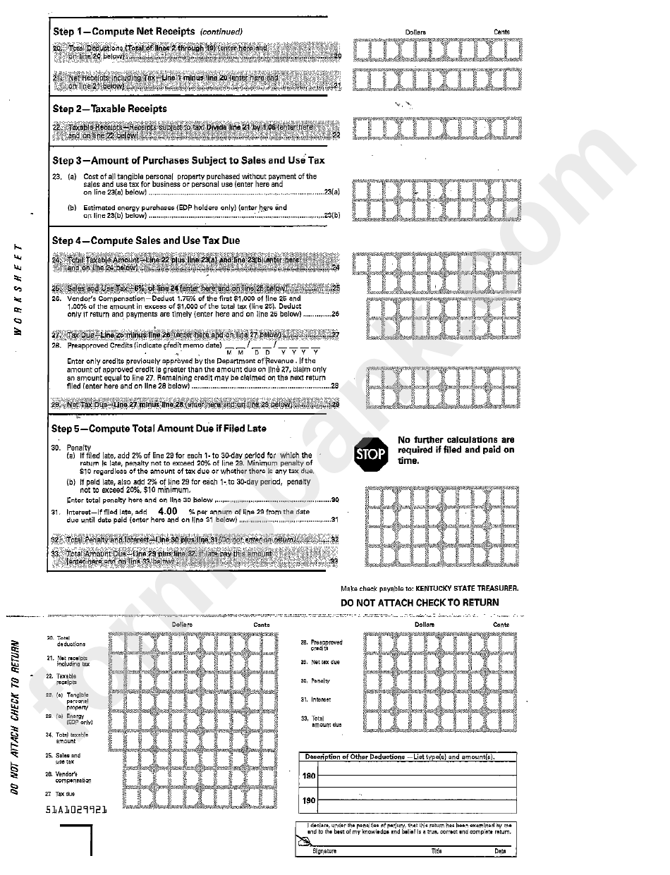 Form 51a102 - Kentucky Sales And Use Tax Worksheet - Department Of Revenue - Kentucky