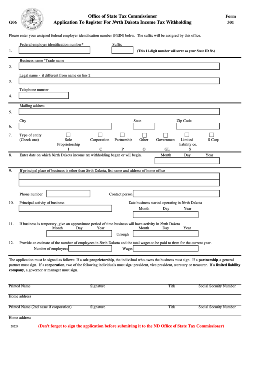 Fillable Form 301 - Application To Register For North Dakota Income Tax Withholding Form Printable pdf