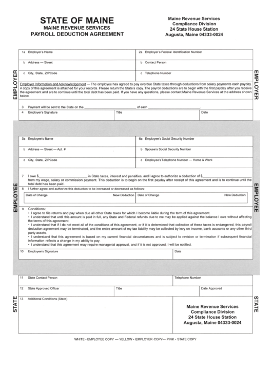 Maine Revenue Services Payroll Deduction Agreement Form Printable pdf