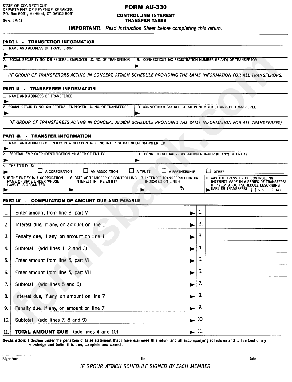 Form Au - 330 - Controlling Interest Transfer Taxes Form