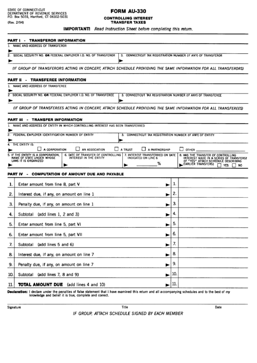 Form Au - 330 - Controlling Interest Transfer Taxes Form Printable pdf