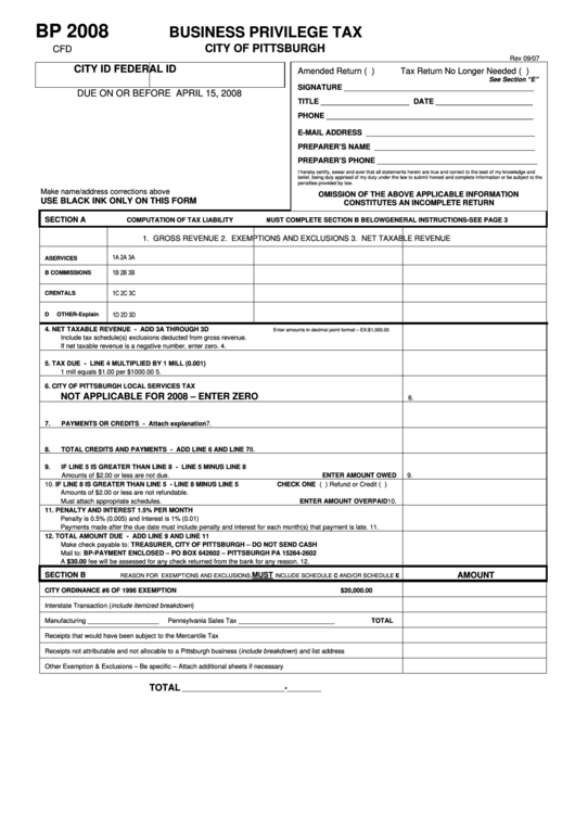 Form Bp - Business Privilege Tax - City Of Pittsburgh - 2008 printable ...