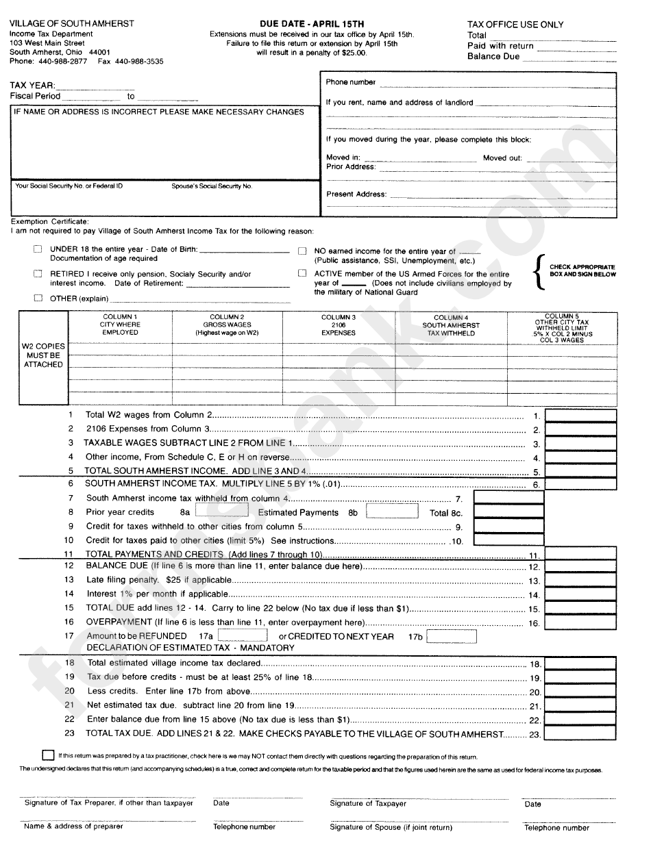 Schedule C - Profit Or Loss From Business Or Profession Form - Village Of South Amherst - Ohio
