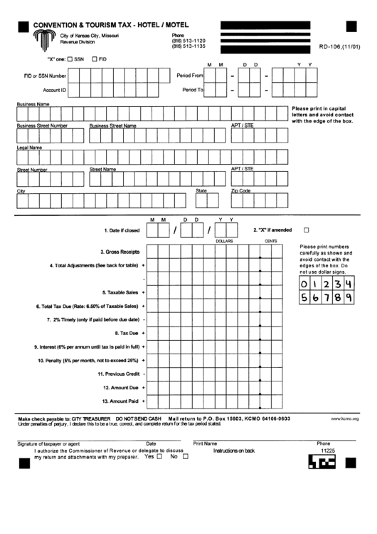 Form Rd - 106 - Convention And Tourism Tax - Hotel/motel Printable pdf