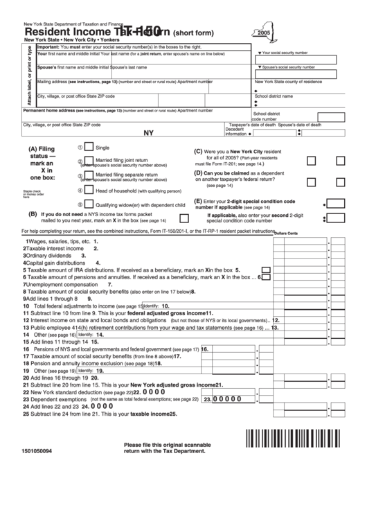 Fillable Form It-150 - Resident Income Tax Return Form - New York State Department Of Taxation And Finance - New York Printable pdf