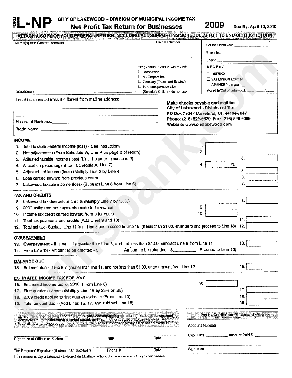 Form L-Np - Net Profit Tax Return For Businesses Form - Division Of Municipal Income Tax - City Of Lakewood - Ohio