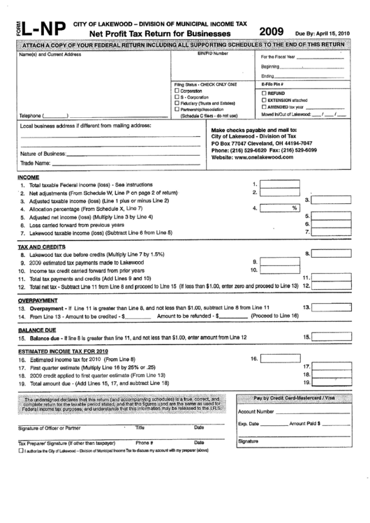 Form L-Np - Net Profit Tax Return For Businesses Form - Division Of Municipal Income Tax - City Of Lakewood - Ohio Printable pdf