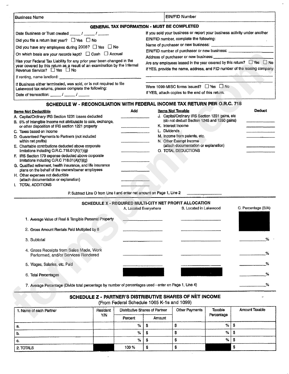 Form L-Np - Net Profit Tax Return For Businesses Form - Division Of Municipal Income Tax - City Of Lakewood - Ohio