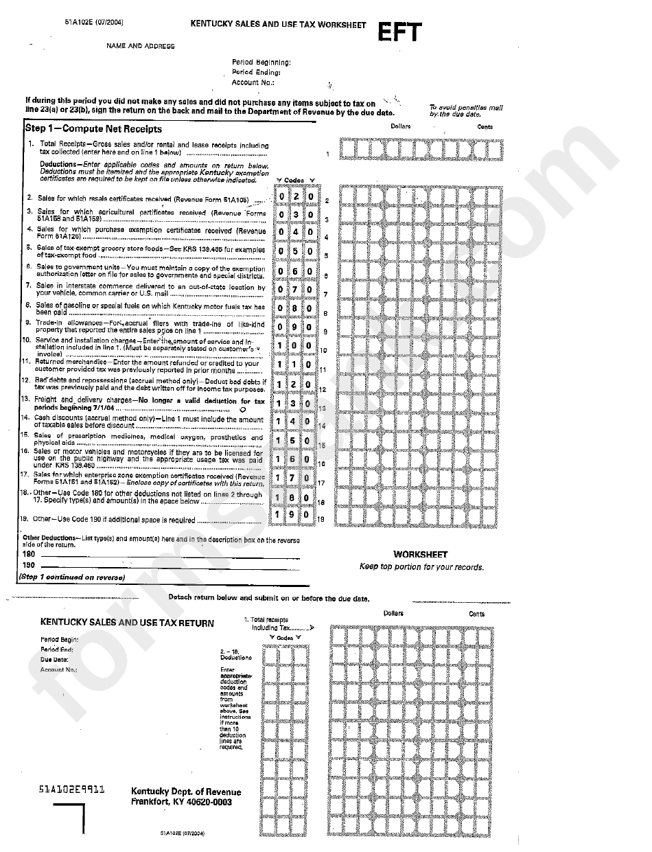 Form 51a102e - Kentucky Sales And Use Tax Worksheet - Kentucky Department Of Revenue - Kentucky