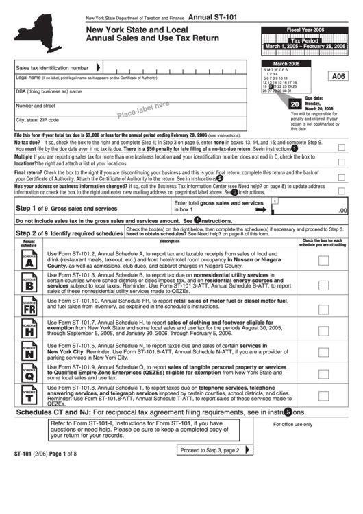 Form St-101 - New York State And Local Annual Sales And Use Tax Return Form - New York State Department Of Taxation And Finance Printable pdf