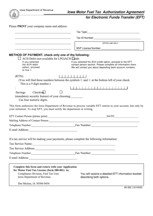 Form 90-302 - Iowa Motor Fuel Tax Authorization Agreement For Electronic Funds Transfer (Eft) Printable pdf