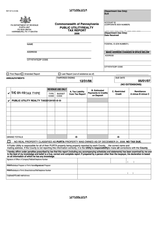Form Rct-127 A - Public Utility Realty Tax Report Form - Pa Department Of Revenue Printable pdf