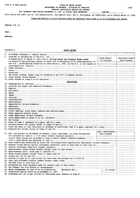 Form T-74 - Banking Institution Excise Tax Return - Department Of Revenur - Rhode Island Printable pdf