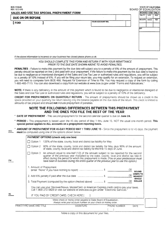 Form Boe1150b - Sales And Use Tax Special Prepayment Printable pdf