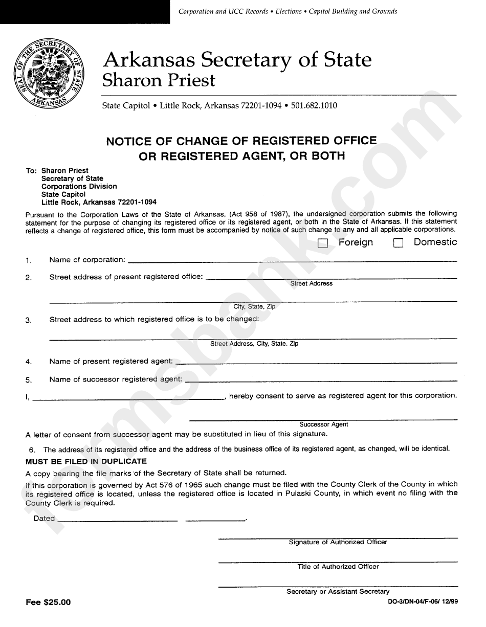 Notice Of Change Of Registered Office Or Registered Agent, Or Both Form