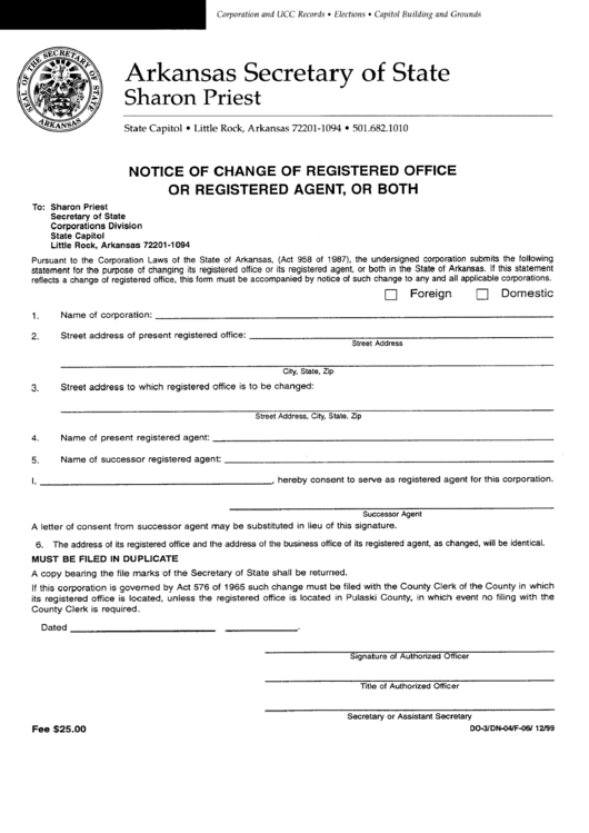 Notice Of Change Of Registered Office Or Registered Agent, Or Both Form Printable pdf