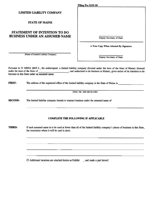 Form Mllc-5 - Statement Of Intention To Do Business Under An Assumed Name Printable pdf