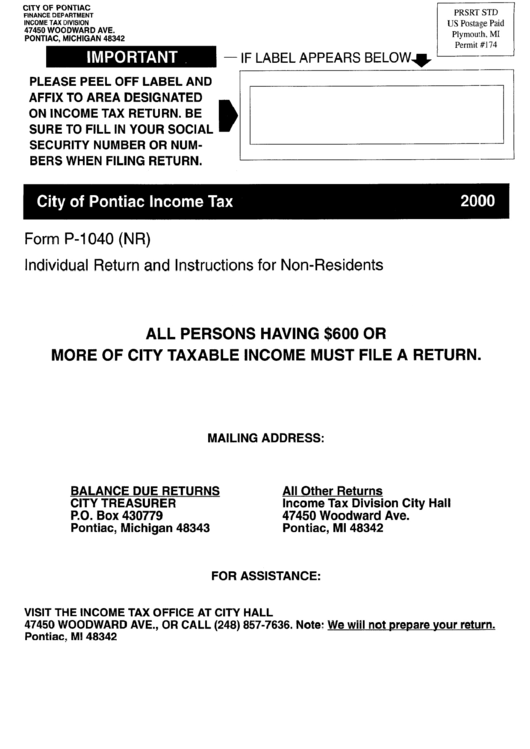 Form P1040n - Individual Return And Instructions For Non-Residents Form Printable pdf