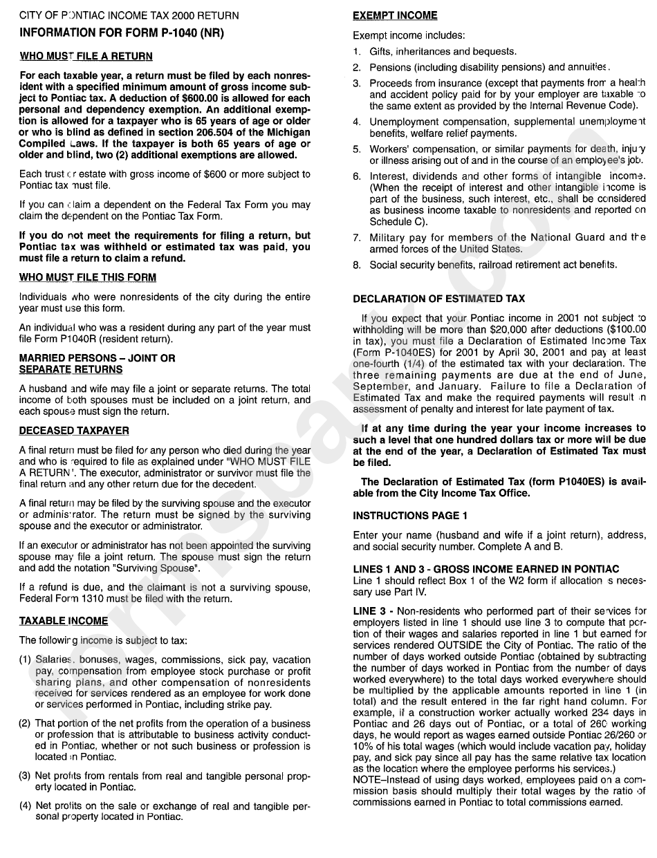 Form P1040n - Individual Return And Instructions For Non-Residents Form