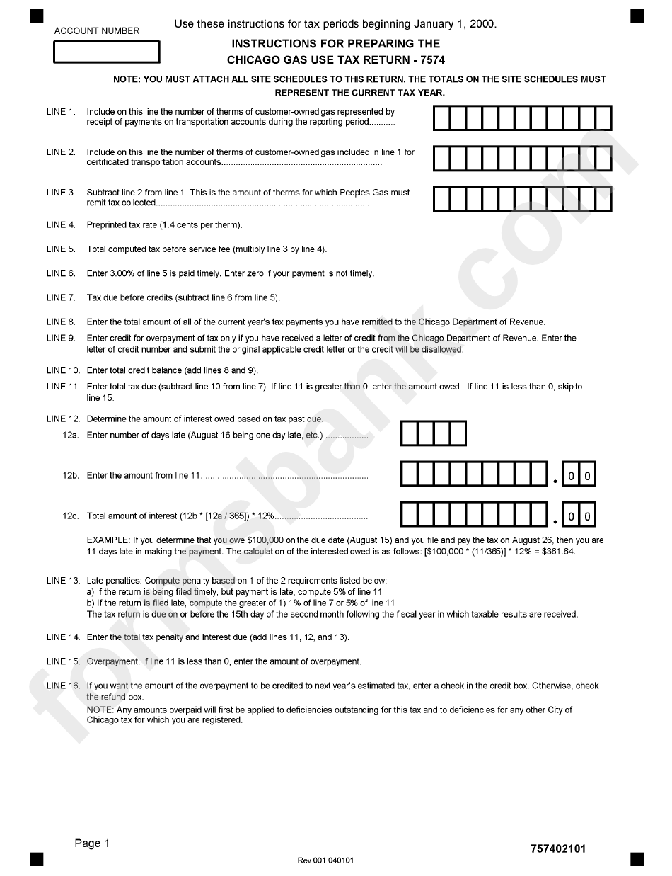 Form 7574 - Instructions For Preparing The Chicago Gas Use Tax Return 2000