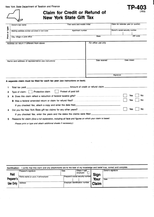 Fillable Form Tp-403 - Claim For Credit Or Refund Of New York State Gift Tax Printable pdf