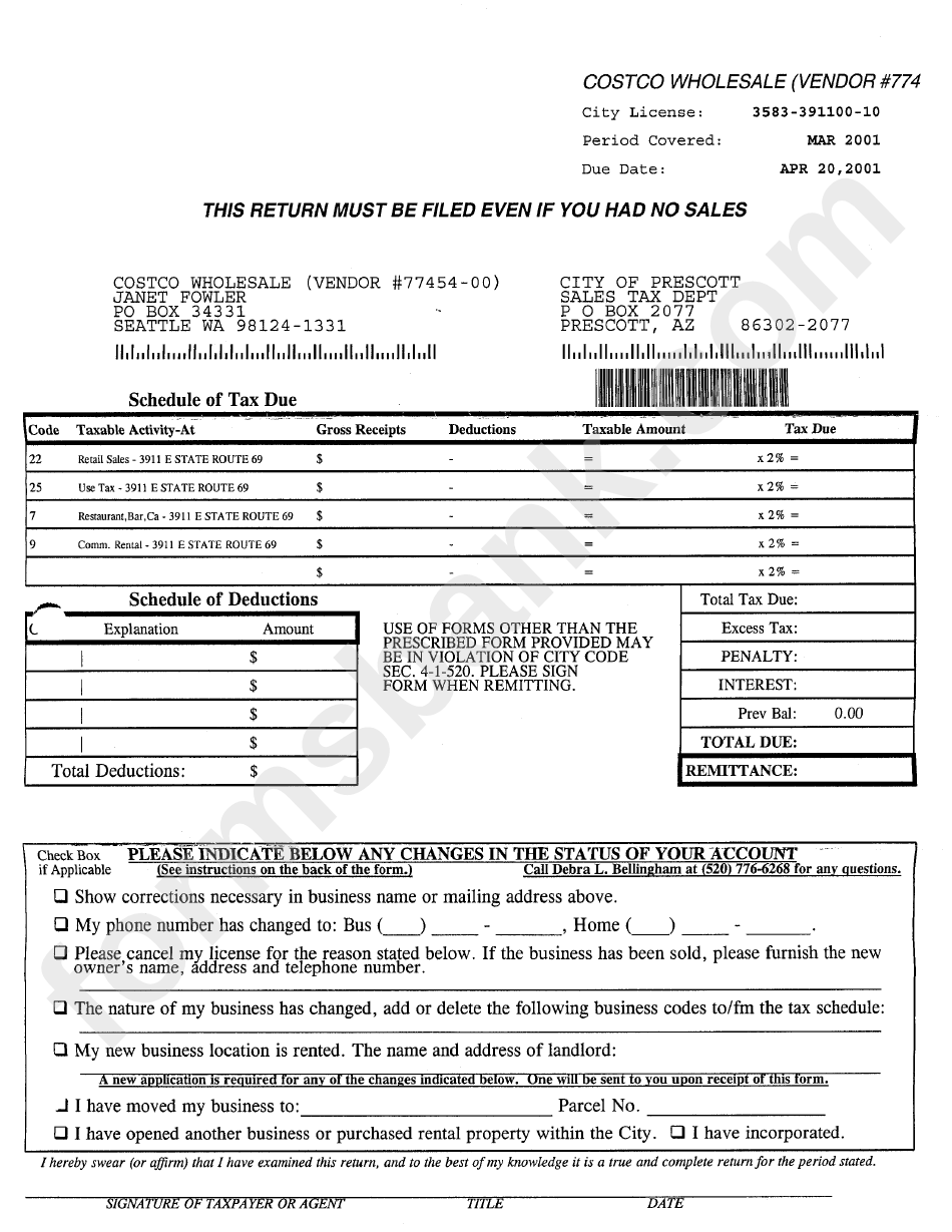 Transaction Privilege And Use Tax Report Form - City Of Prescott