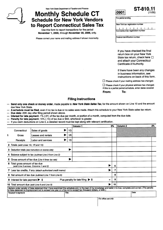 Form St-810.11 - Monthly Schedule Ct - Schedule For New York Vendores To Report Connecticut Sales Tax Printable pdf