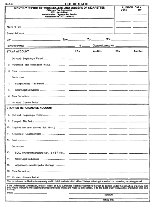 Monthly Report Form For Wholesalers And Jobbers Of Cigarettes - Out Of ...