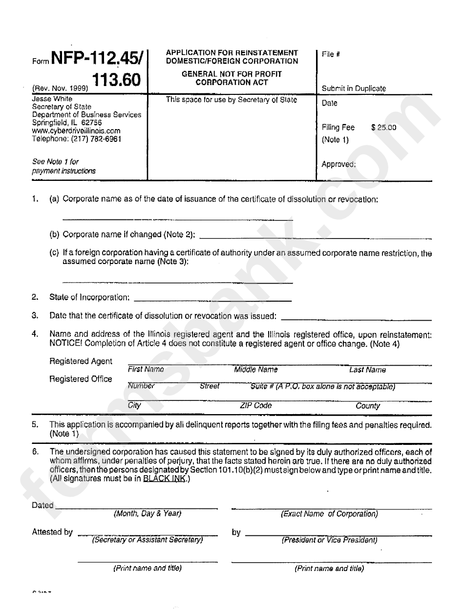 Form Nfp-112.45 - Application Form For Reinstatement Of Domestic/foreign Corporation