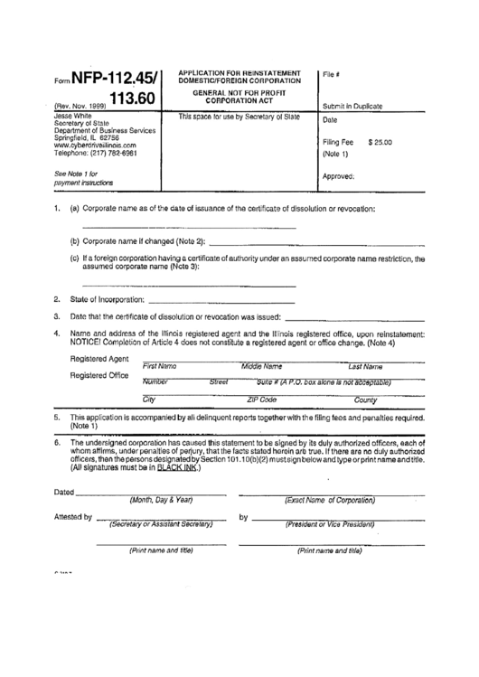 Form Nfp-112.45 - Application Form For Reinstatement Of Domestic/foreign Corporation Printable pdf
