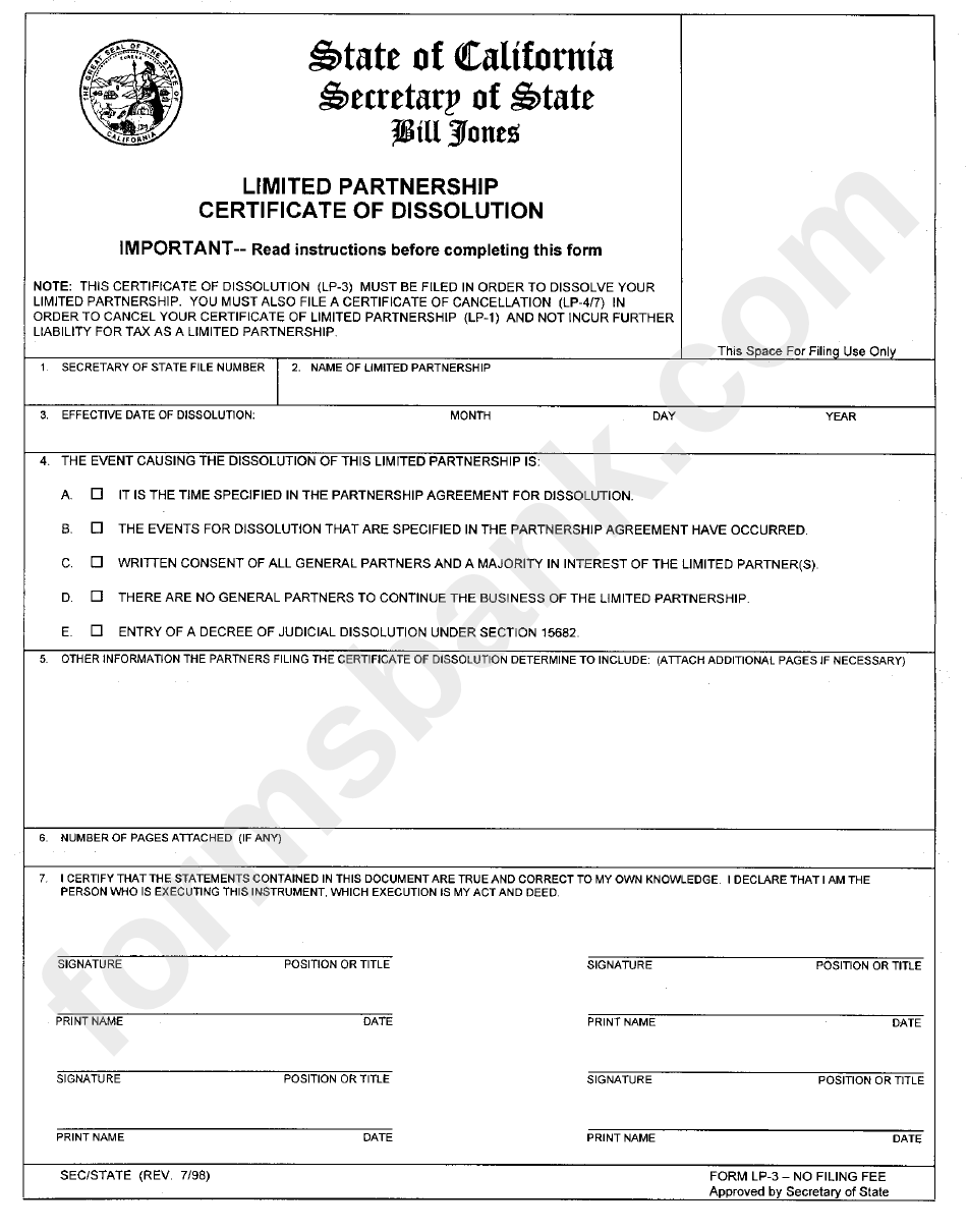Form Lp-3 - Limited Partnership - Form For A Certificate Of Dissolution