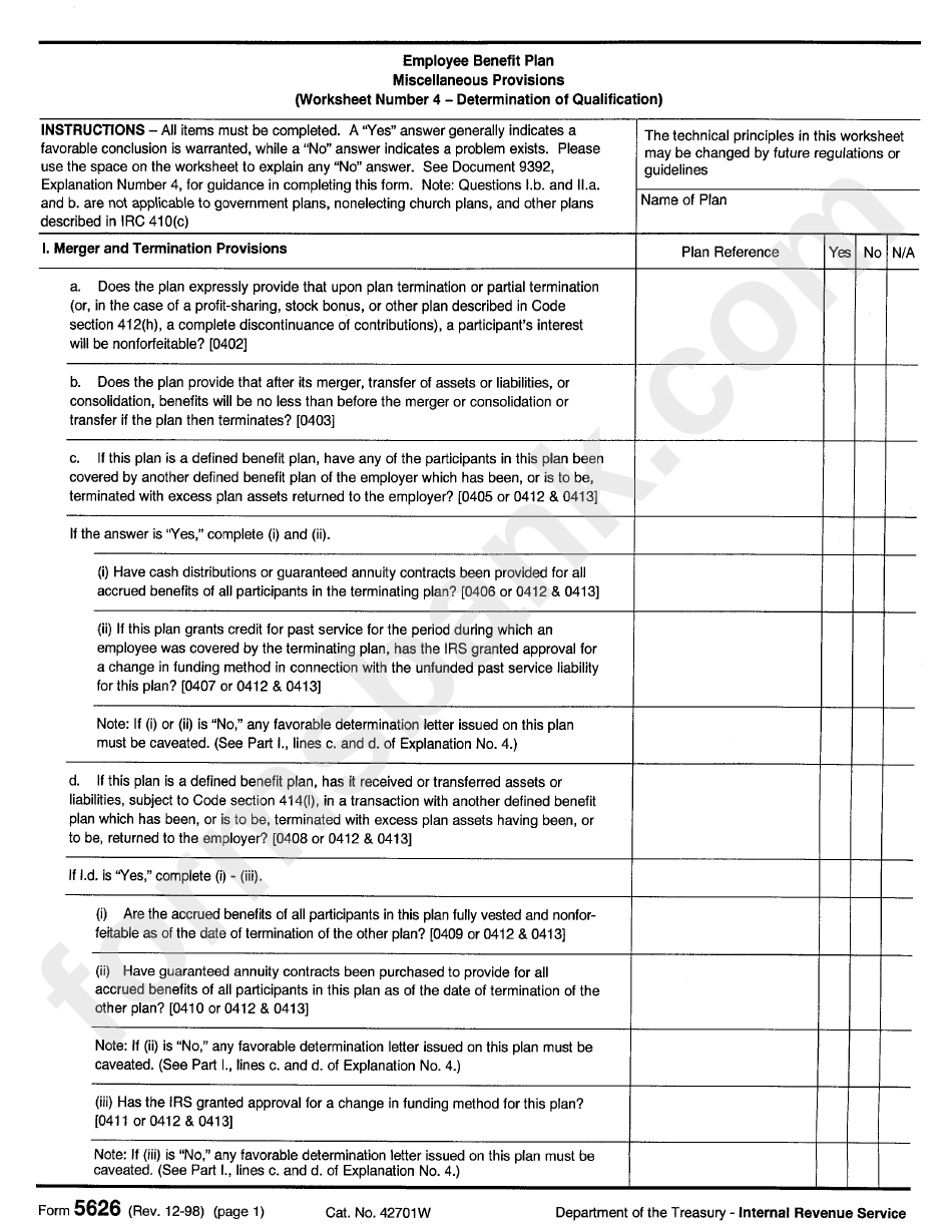 Form 5626 - Employee Benefit Plan Form - Miscellaneous Provisions