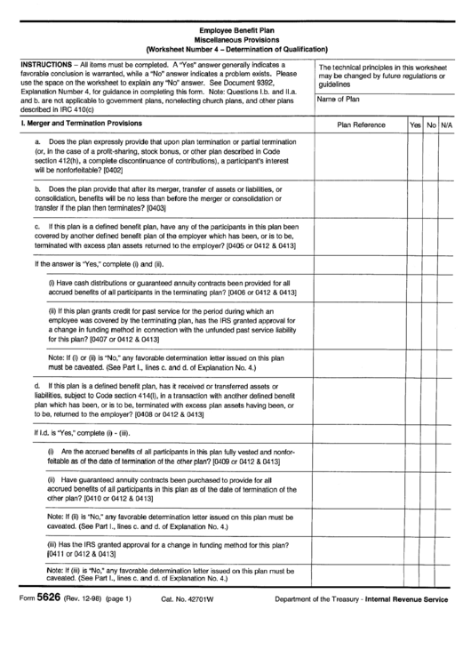 Form 5626 - Employee Benefit Plan Form - Miscellaneous Provisions Printable pdf