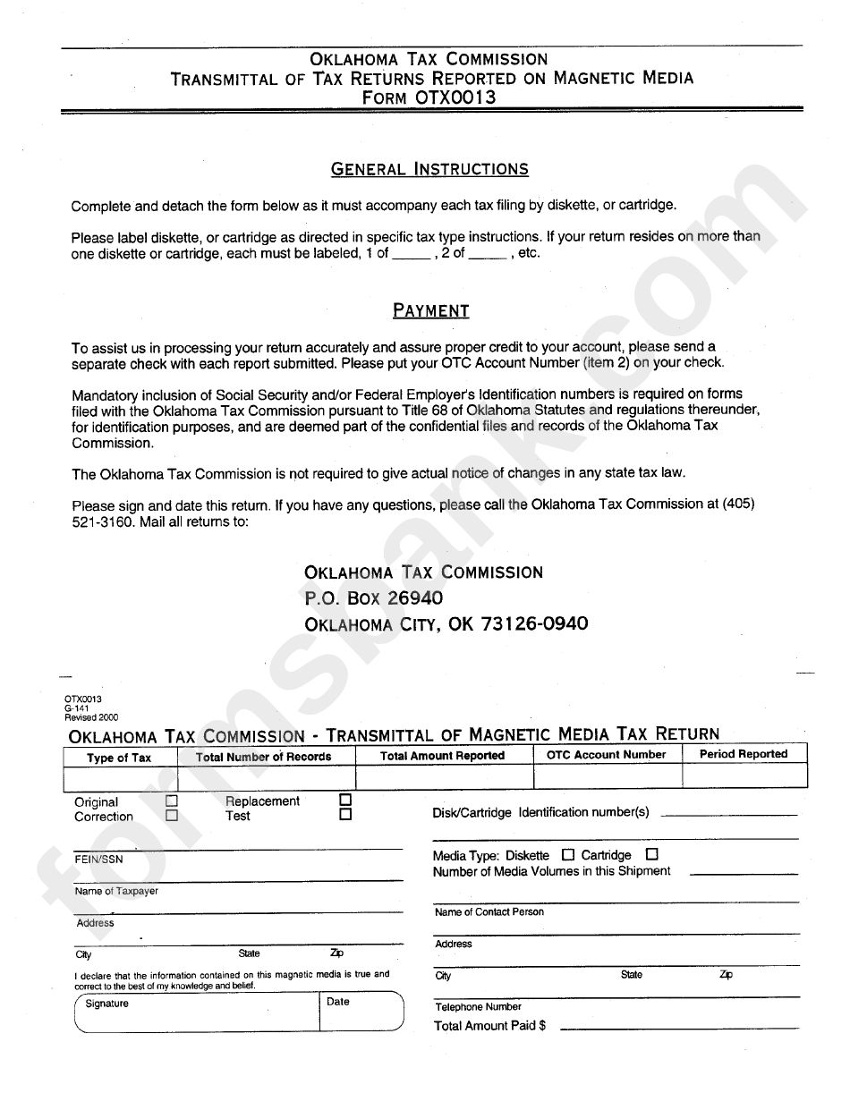 Form Otx0013 - Transmittal Form Of Tax Returns Reported On Magnetic Media
