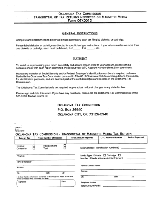Form Otx0013 - Transmittal Form Of Tax Returns Reported On Magnetic Media Printable pdf