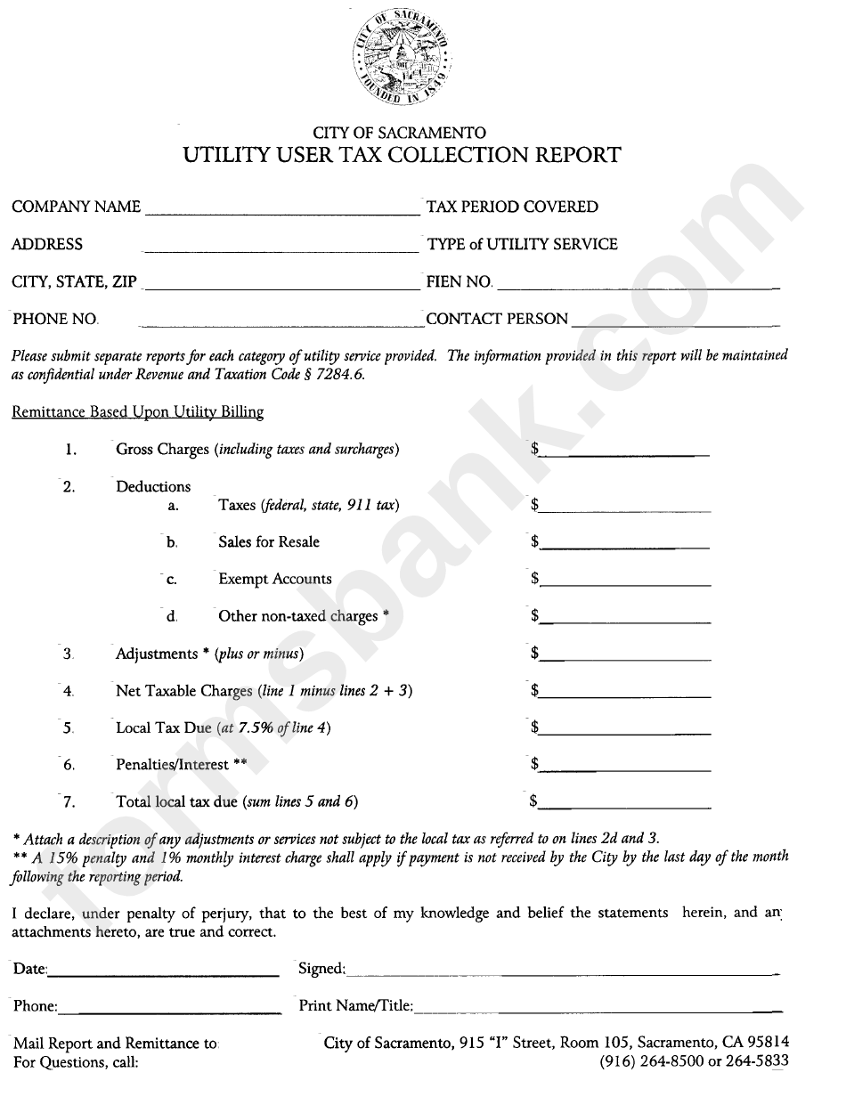 Utility User Tax Collection Report Form City Of Sacramento Printable 