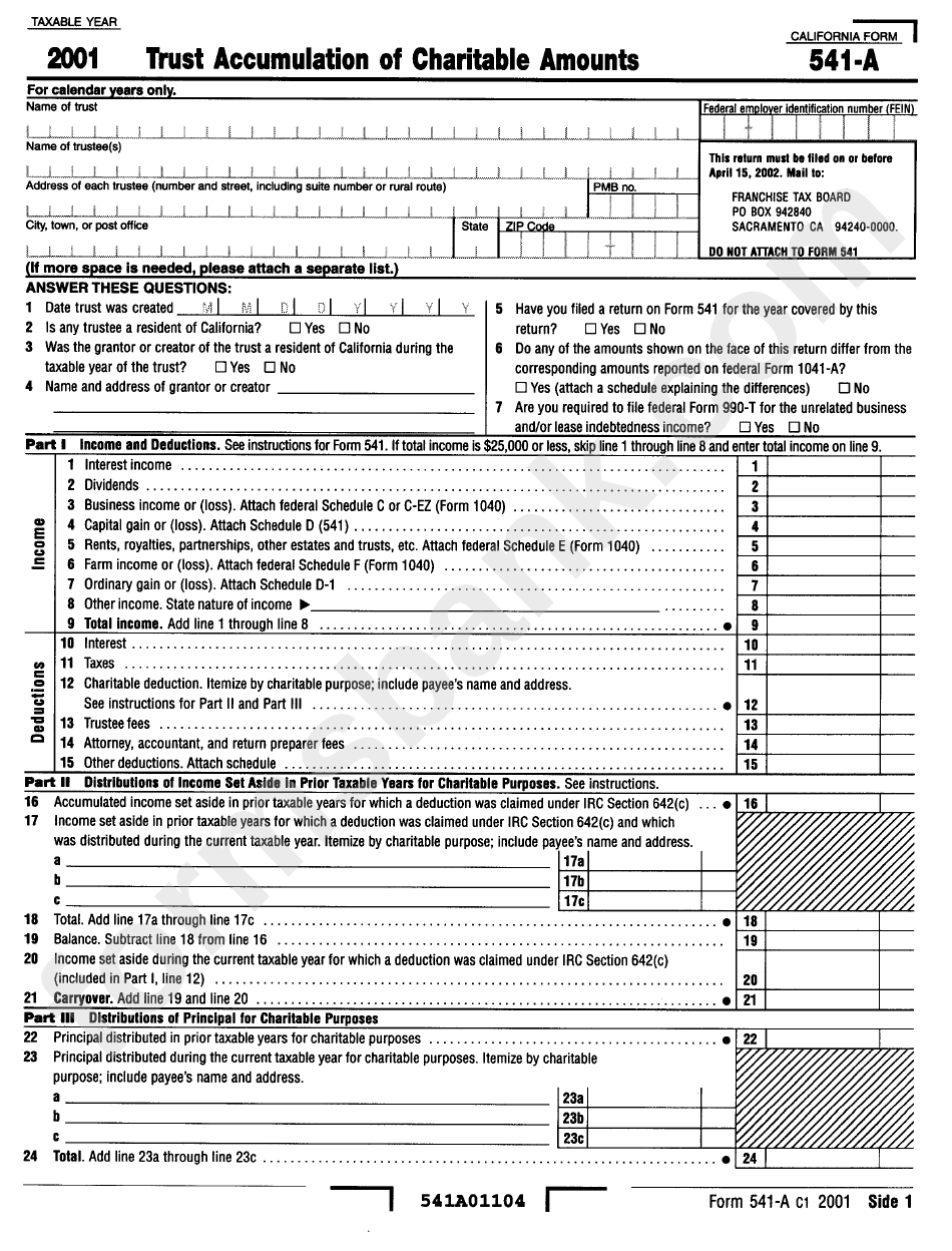 Form 541-A - Trust Accumulation Of Charitable Amounts