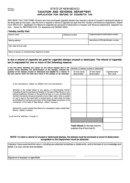 Form Rpd-41211 - Application For Refund Of Cigarette Tax - State Of New Mexico Taxation And Revenue Department Printable pdf