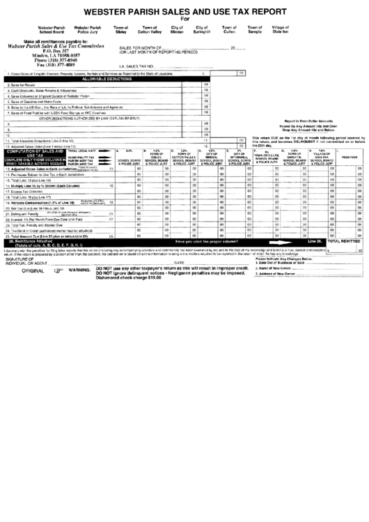 Sales And Use Tax Report Form - Webster Parish Printable pdf