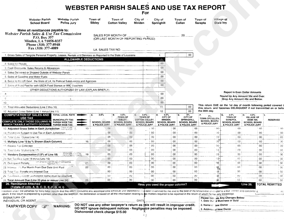 Sales And Use Tax Report Form - Webster Parish