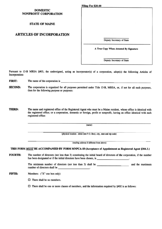 Form Mnpca-6 - Articles Of Incorporation - Domestic Nonprofit Corporation Printable pdf