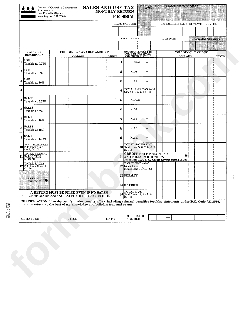 Form Fr-800m - Sales And Use Tax - Monthly Return
