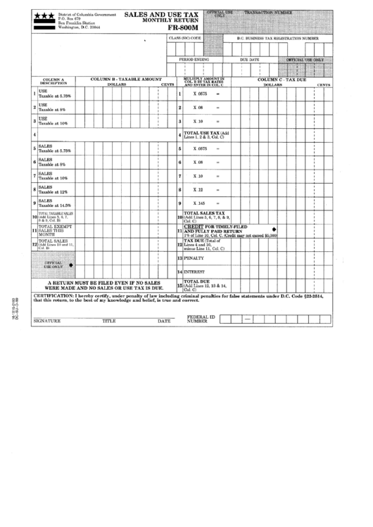 Form Fr-800m - Sales And Use Tax - Monthly Return Printable pdf