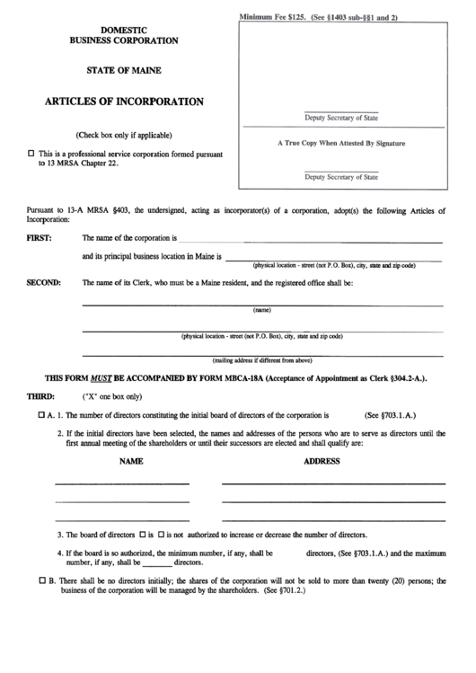 Form Mbca-6 - Articles Of Incorporation Form - Domestic Business Corporation