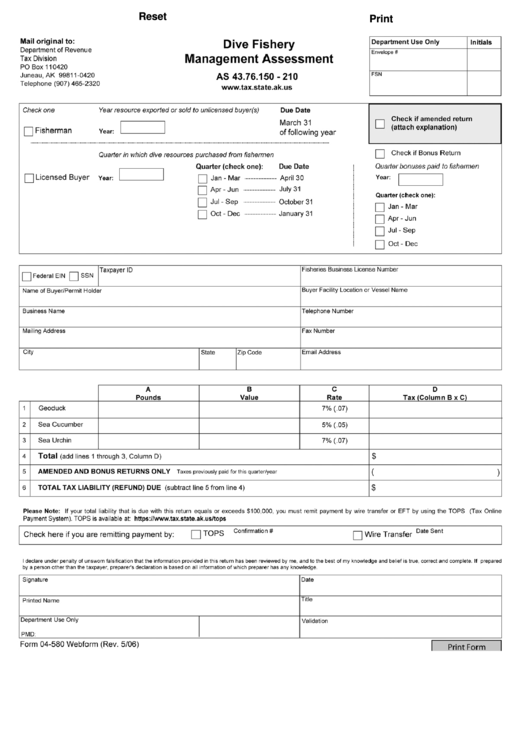 Fillable Form 04-580 - Dive Fishery Management Assessment - Department Of Revenue Printable pdf